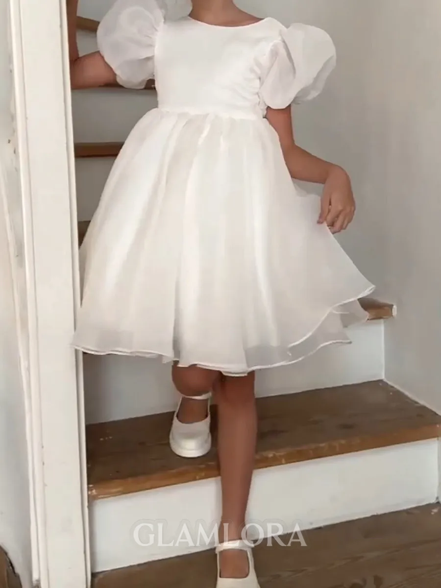 Petite A-Line Scoop Short Sleeves Ruffles Knee-Length Organza Flower Girl Dress