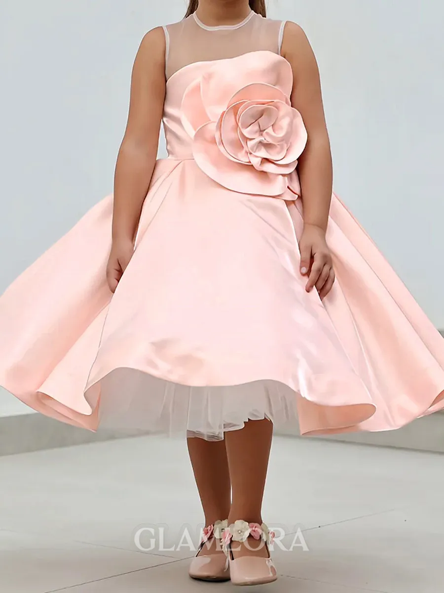 Playful A-Line Scoop Flower Tea-Length Satin Flower Girl Dress
