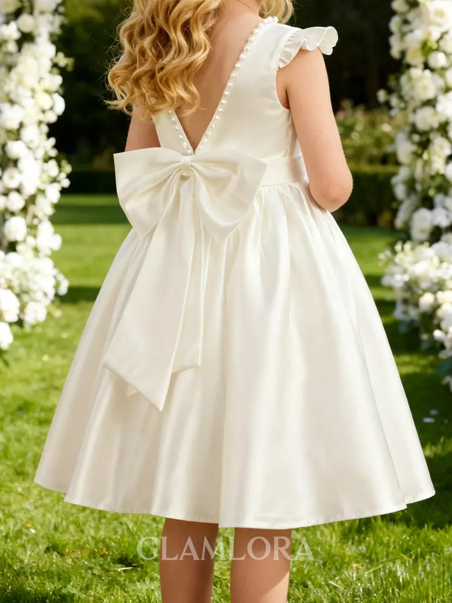 Joyful A-Line Scoop Bowknot Knee-Length Satin Flower Girl Dress