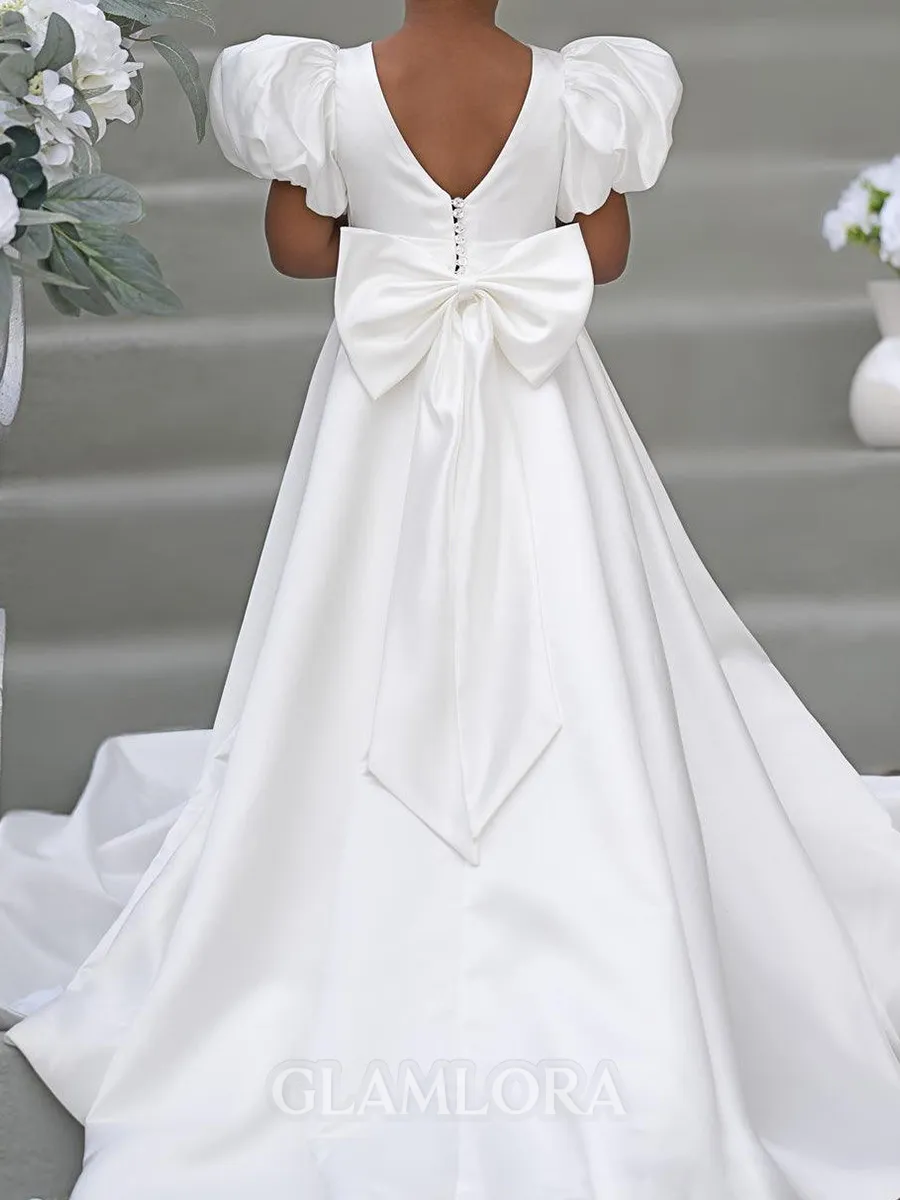 Dreamy A-Line Scoop Short Sleeves Bowknot Sweep Train Silk Like Satin Flower Girl Dress