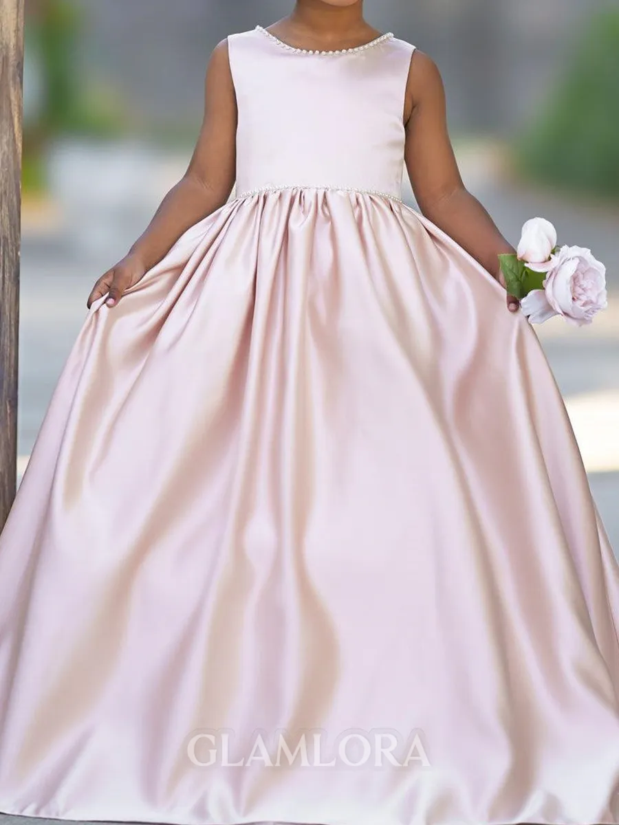 Celebratory A-Line Scoop Bowknot Sweep Train Silk Like Satin Flower Girl Dress