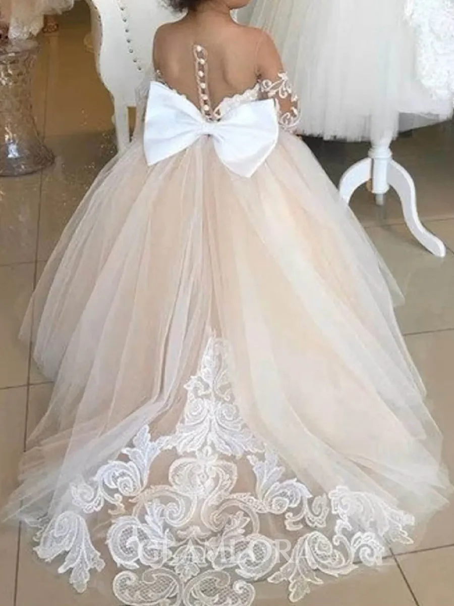 Delightful Ball-Gown Off-the-Shoulder Long Sleeves Lace Court Train Tulle Flower Girl Dress