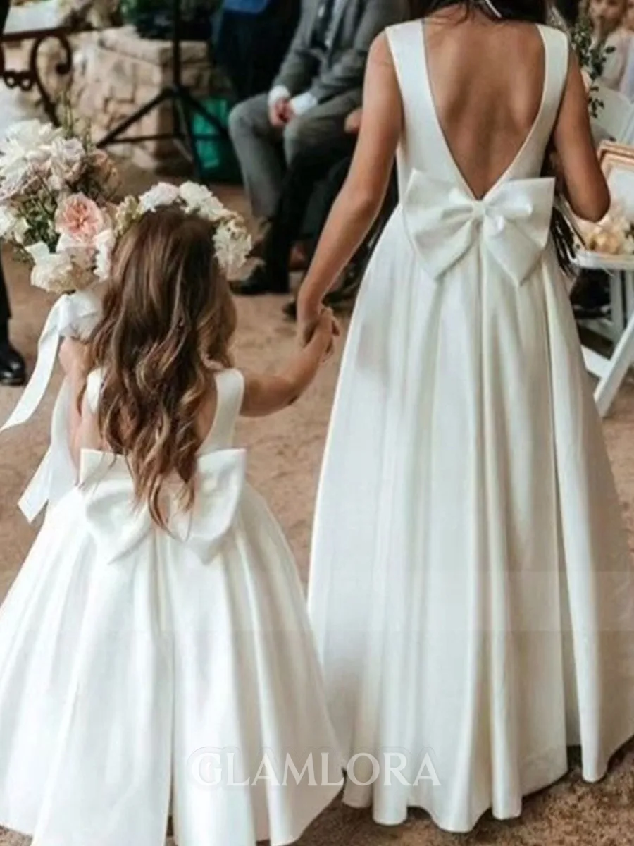 Angelic A-Line Scoop Bowknot Floor-Length Satin Flower Girl Dress
