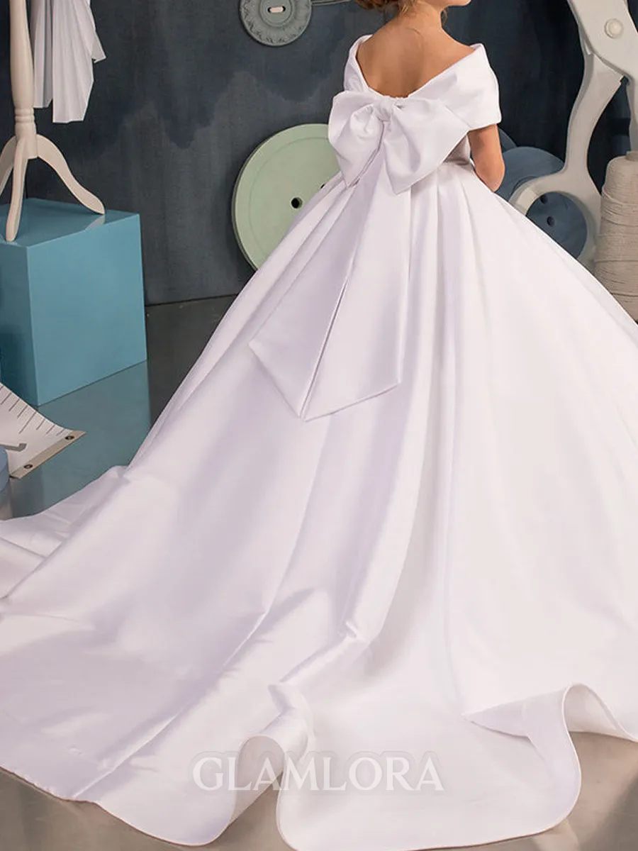 Lovely Ball-Gown Off-the-Shoulder Bowknot Court Train Satin Flower Girl Dress