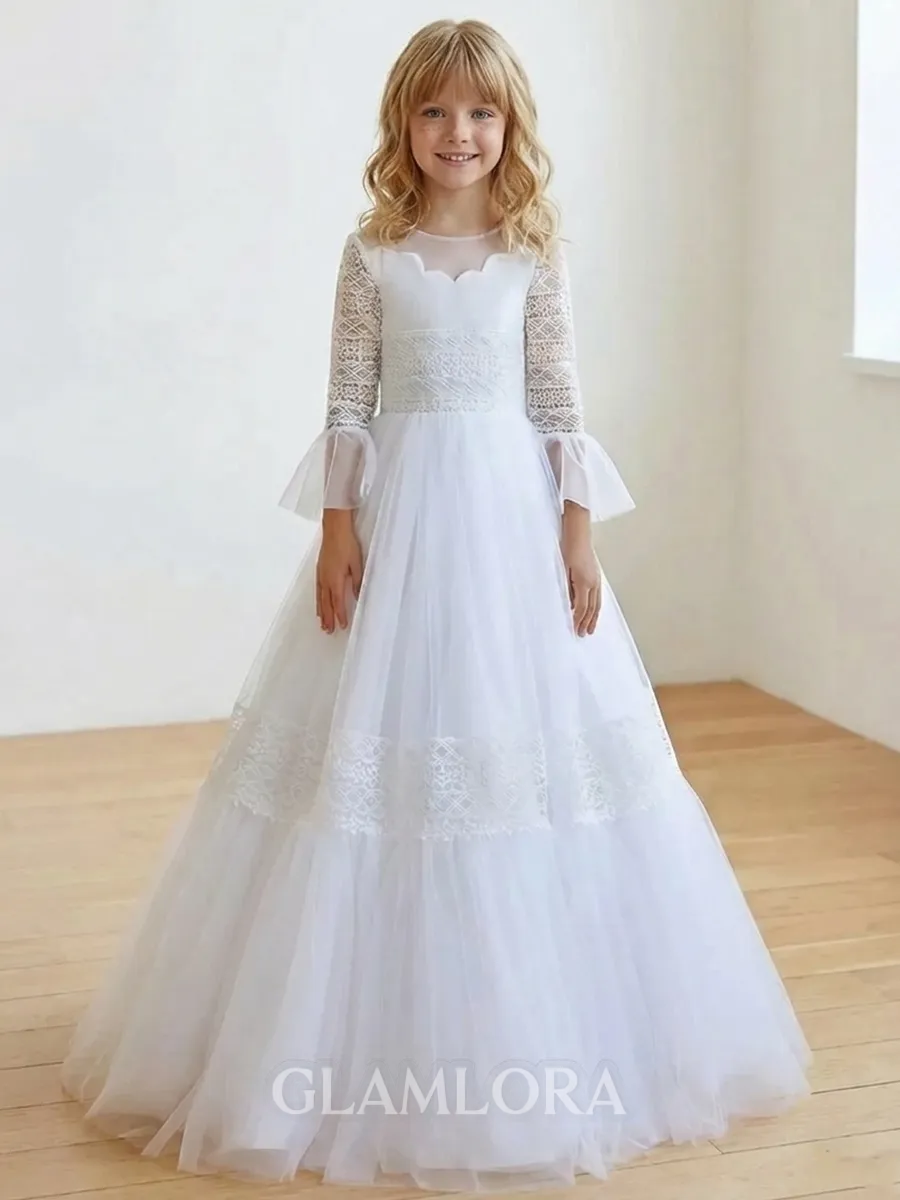 Dainty A-Line Scoop Long Sleeves Lace Floor-Length Tulle Flower Girl Dress