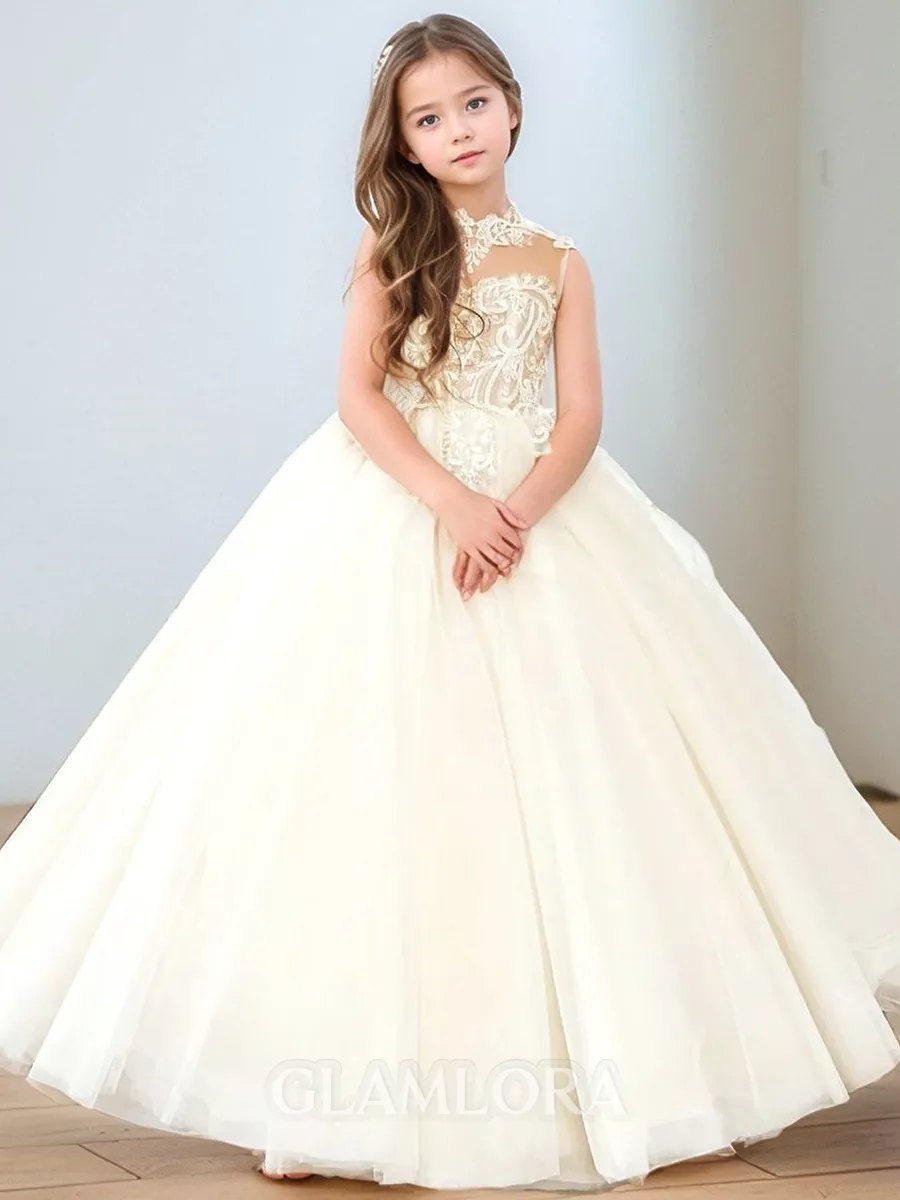Graceful Ball-Gown High Neck Lace Sweep Train Tulle Flower Girl Dress