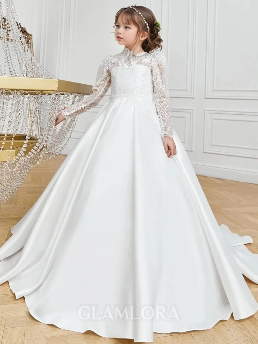 Fairy-tale A-Line High Neck Long Sleeves Lace Court Train Satin Flower Girl Dress
