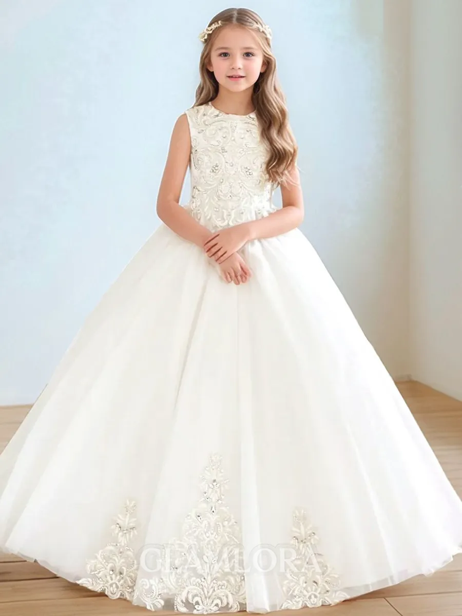 Whimsical A-Line Scoop Applique Sweep Train Tulle Flower Girl Dress