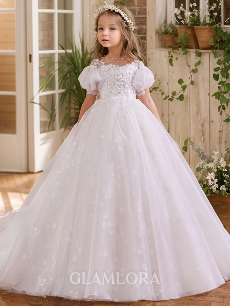 Precious A-Line High Neck Short Sleeves Bowknot Sweep Train Tulle Flower Girl Dress