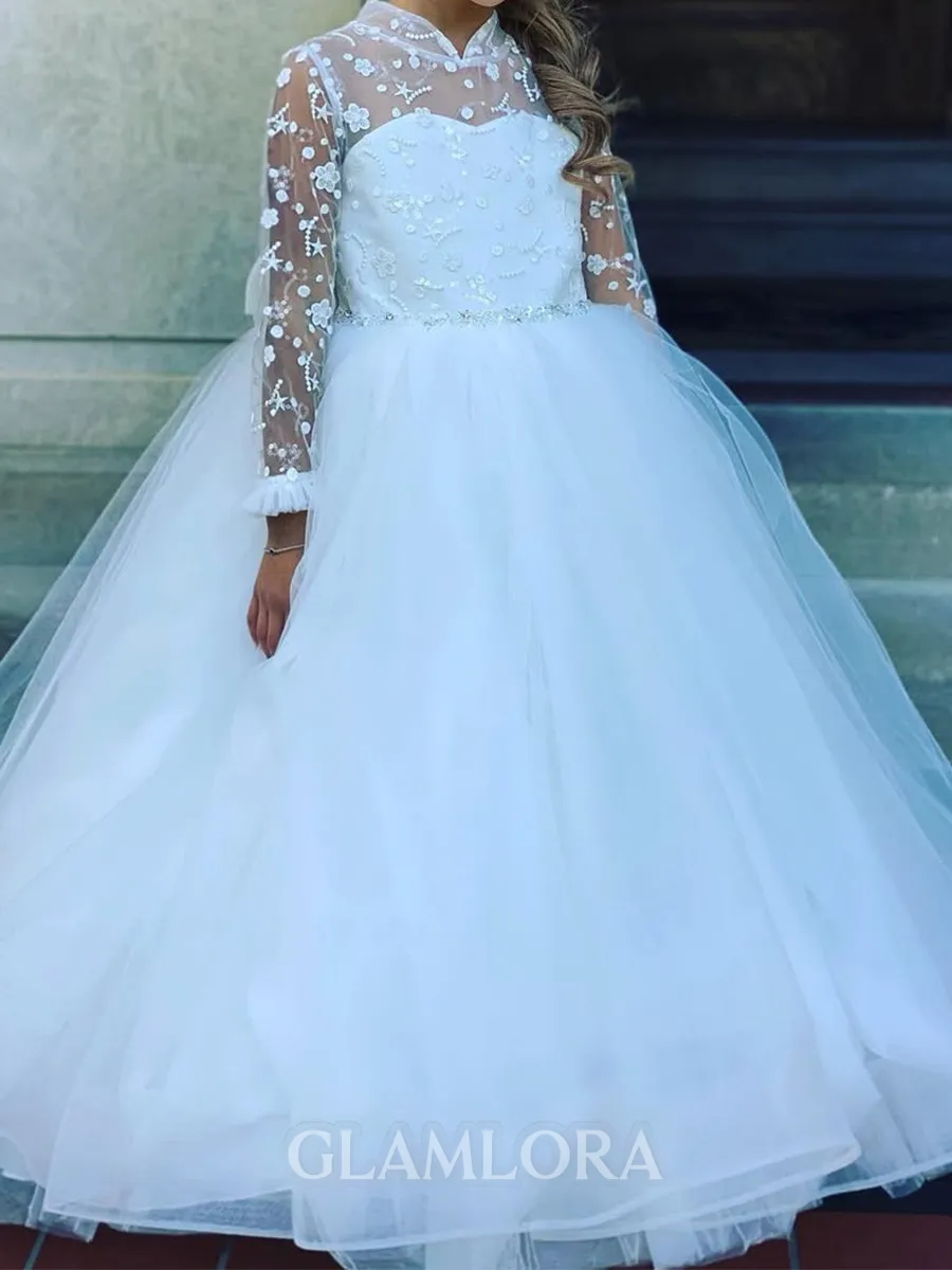 Joyful A-Line High Neck Long Sleeves Bowknot Sweep Train Tulle Flower Girl Dress