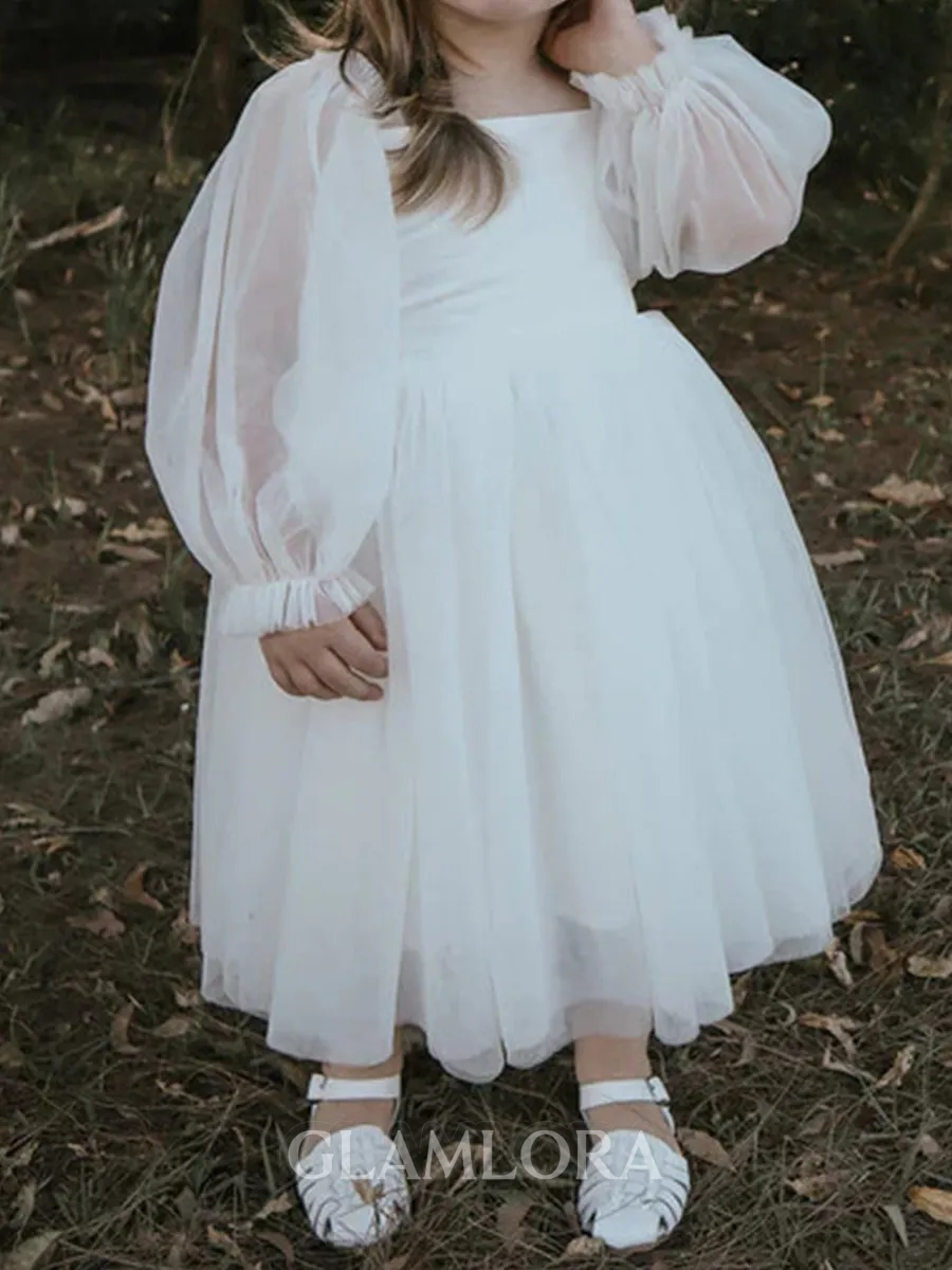 Adorable A-Line Scoop Long Sleeves Bowknot Ankle-Length Tulle Flower Girl Dress