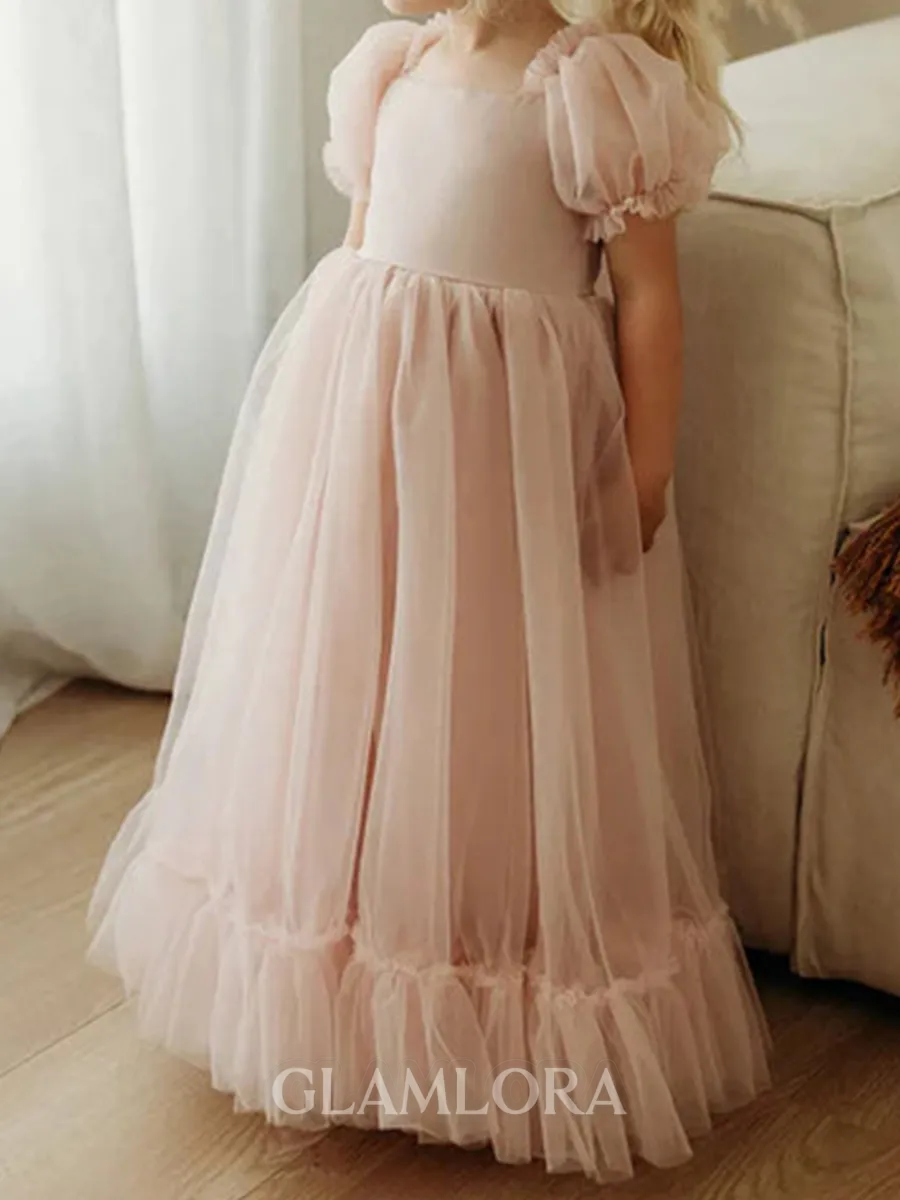 Charming A-Line Square Short Sleeves Bowknot Floor-Length Tulle Flower Girl Dress