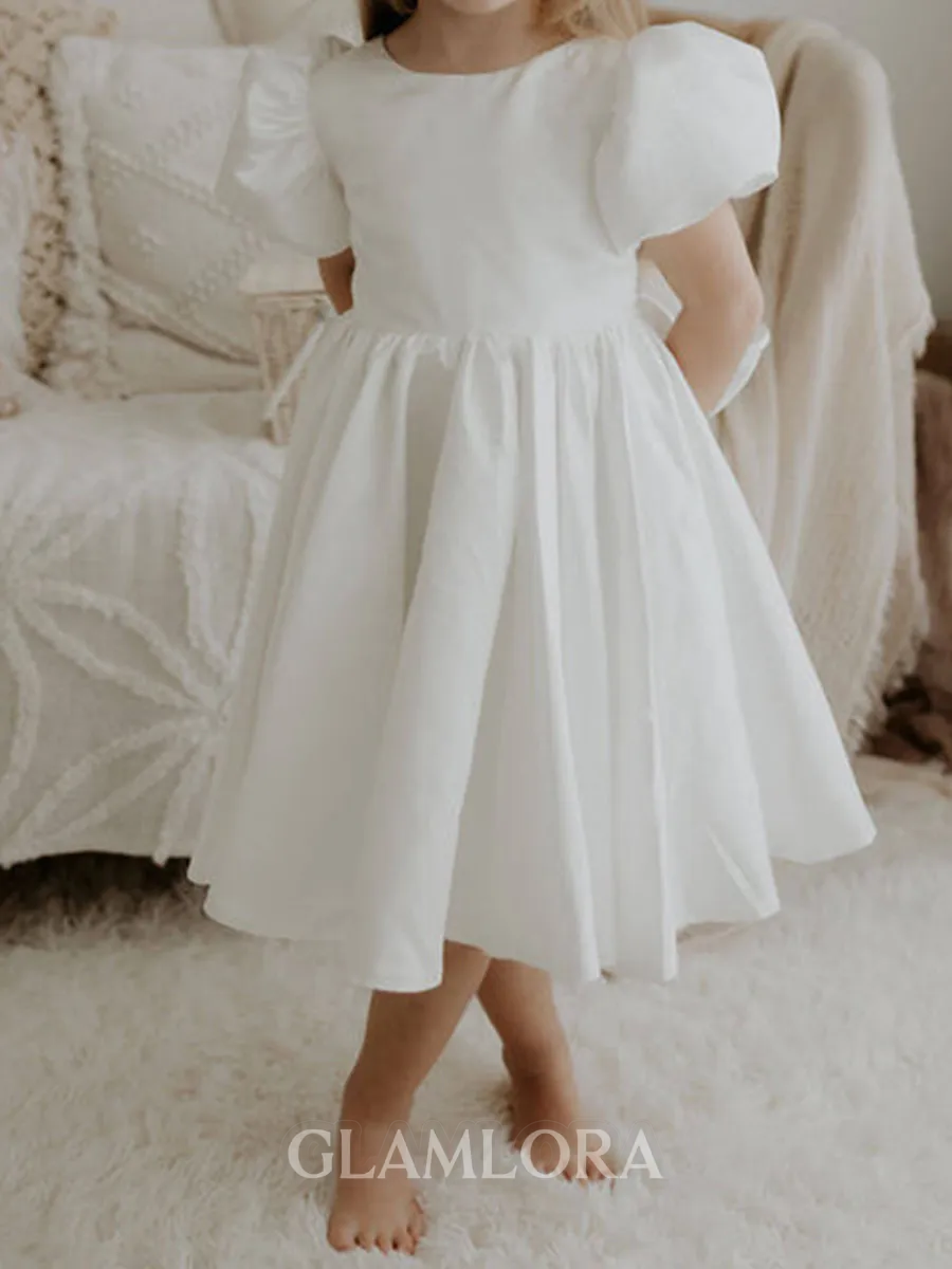 Delightful A-Line Scoop Short Sleeves Bowknot Knee-Length Taffeta Flower Girl Dress