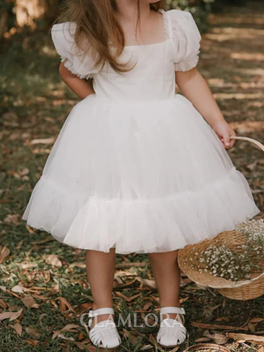 Sweet A-Line Square Short Sleeves Bowknot Knee-Length Tulle Flower Girl Dress