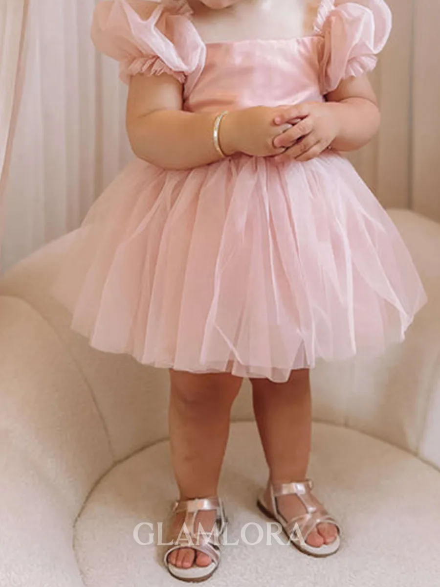 Innocent A-Line Square Short Sleeves Bowknot Knee-Length Tulle Flower Girl Dress