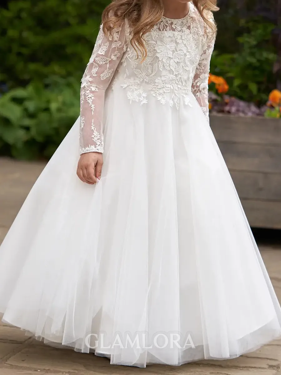 Lovely A-Line Scoop Long Sleeves Lace Floor-Length Tulle Flower Girl Dress
