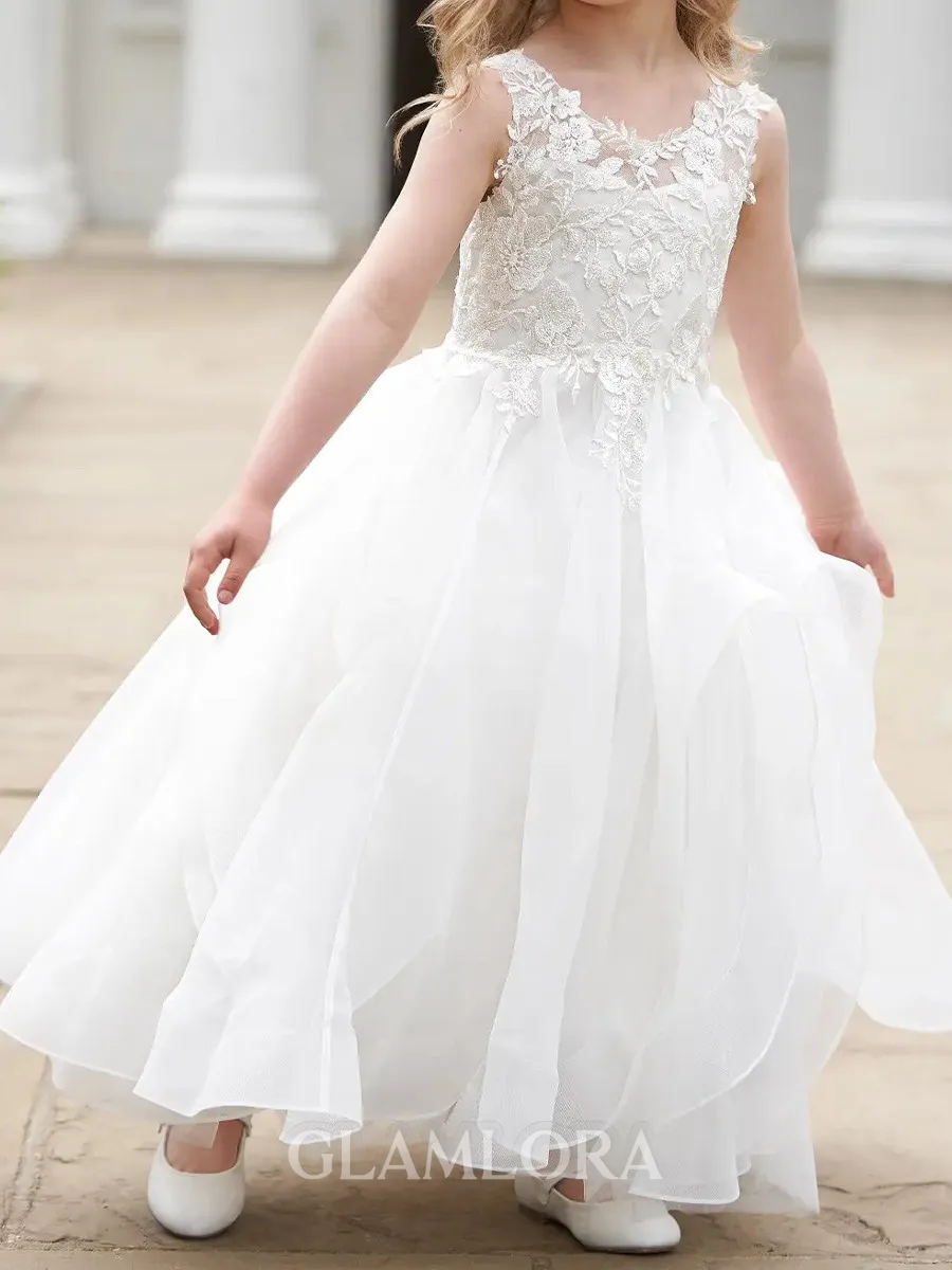 Dainty A-Line Scoop Lace Floor-Length Organza Flower Girl Dress