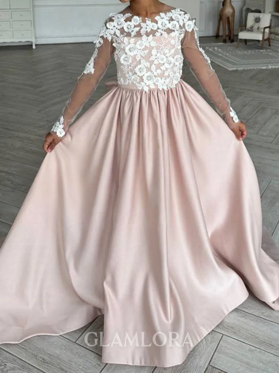 Enchanting A-Line Scoop Long Sleeves Bowknot Court Train Satin Flower Girl Dress