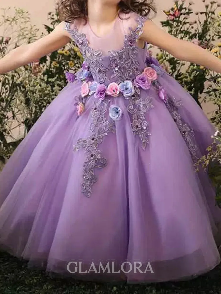 Fairy-tale A-Line Scoop Bowknot Floor-Length Tulle Flower Girl Dress