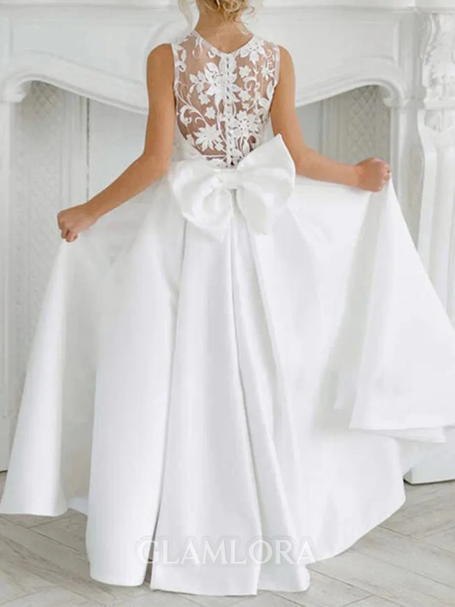 Precious A-Line Scoop Bowknot Floor-Length Satin Flower Girl Dress