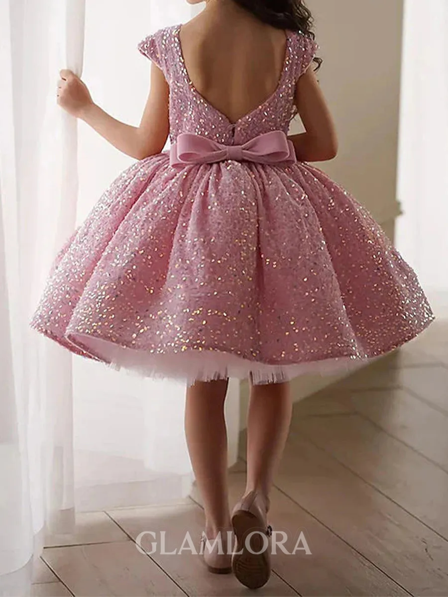 Celebratory Ball-Gown Scoop Short Sleeves Sequin Knee-Length Velvet Sequins Flower Girl Dress