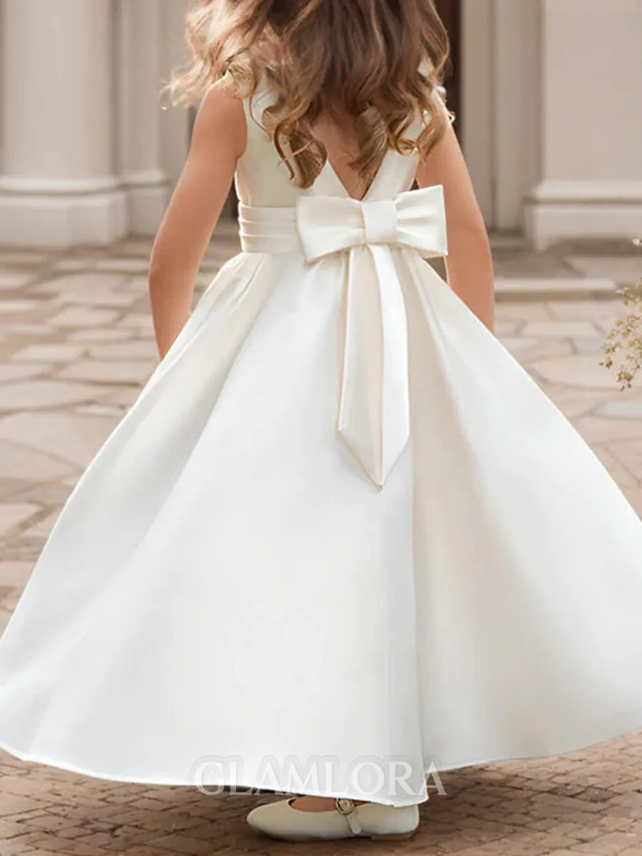 Petite A-Line Scoop Bowknot Floor-Length Satin Flower Girl Dress