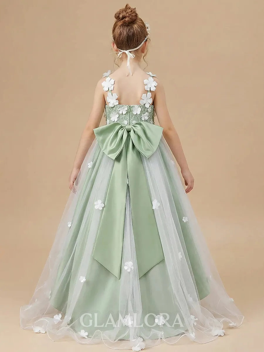 Playful A-Line Straps Bowknot Asymmetrical Tulle Flower Girl Dress