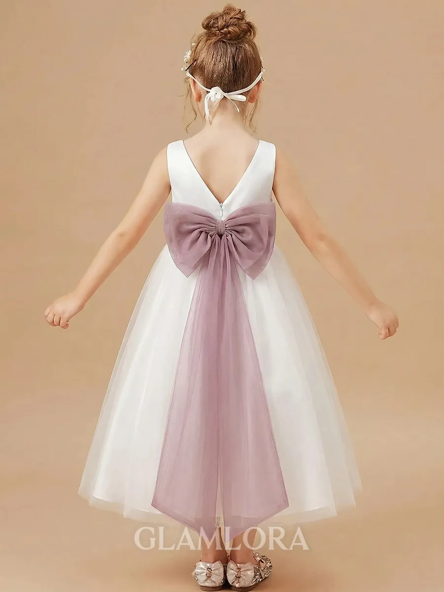 Joyful A-Line Scoop Bowknot Ankle-Length Tulle Flower Girl Dress