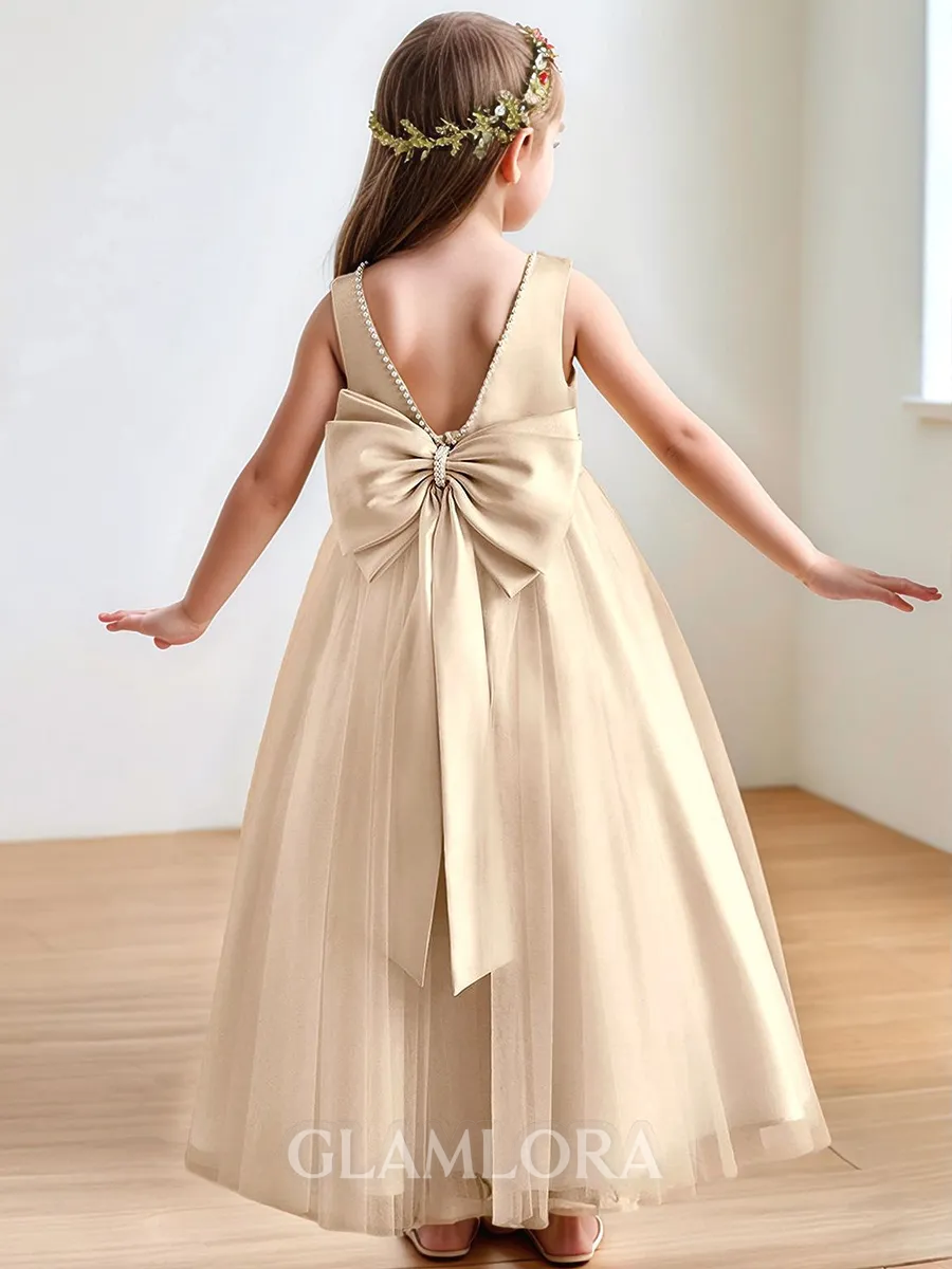 Sparkling A-Line Scoop Beading Ankle-Length Tulle Flower Girl Dress