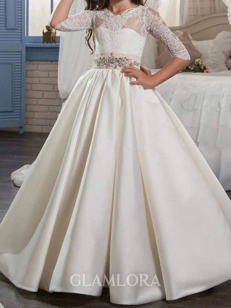Dreamy A-Line Scoop 1/2 Sleeves Beading Floor-Length Satin Flower Girl Dress