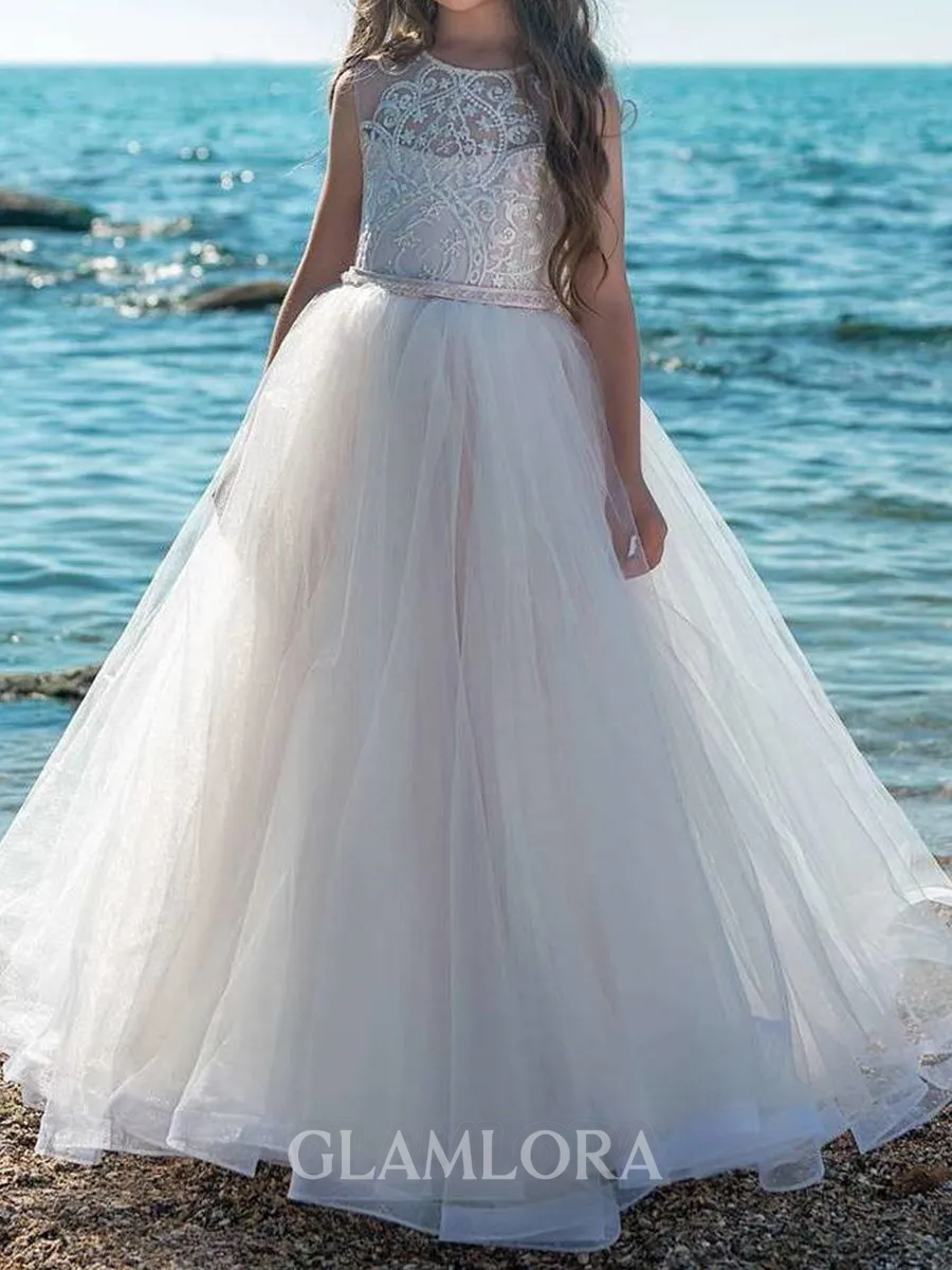 Celebratory A-Line Scoop Lace Floor-Length Tulle Flower Girl Dress