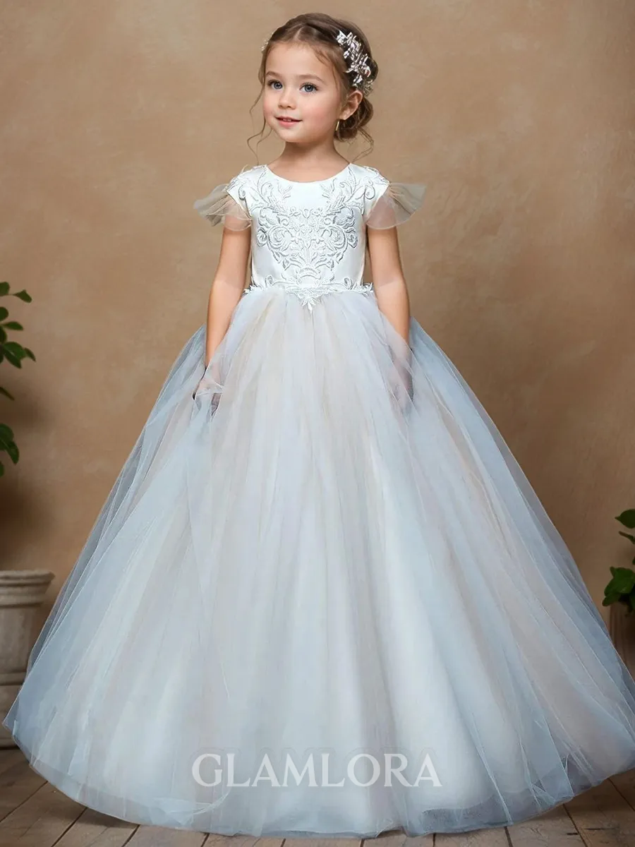 Adorable A-Line Scoop Short Sleeves Bowknot Court Train Tulle Flower Girl Dress