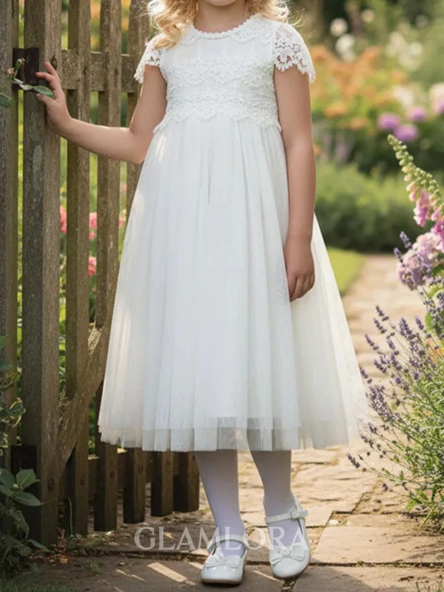 Charming A-Line Scoop Short Sleeves Lace Ankle-Length Tulle Flower Girl Dress