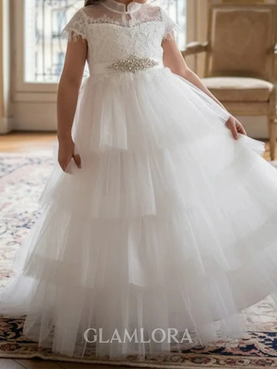 Delightful A-Line High Neck Short Sleeves Beading Floor-Length Tulle Flower Girl Dress