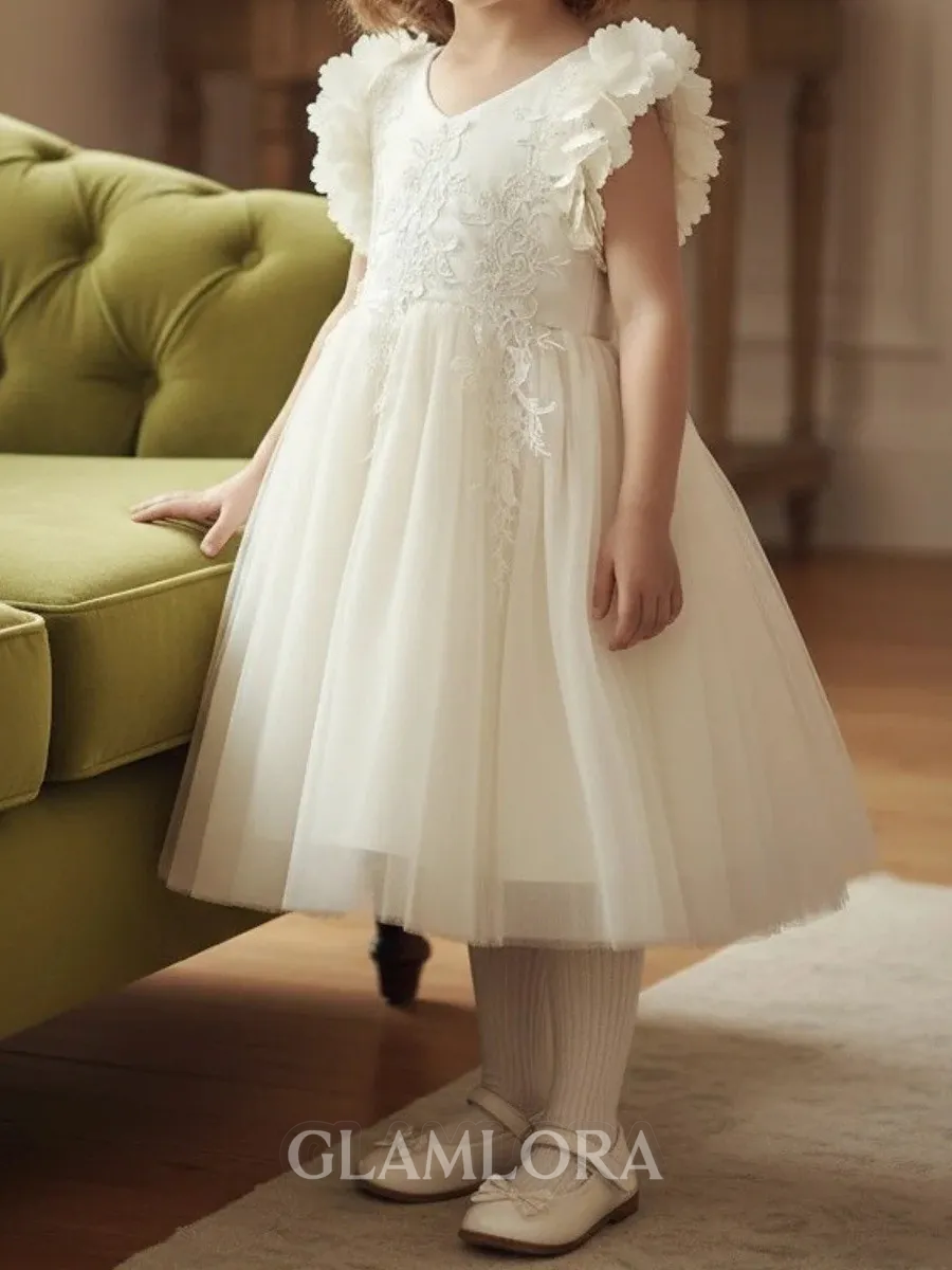 Sweet A-Line V-Neck Applique Tea-Length Tulle Flower Girl Dress