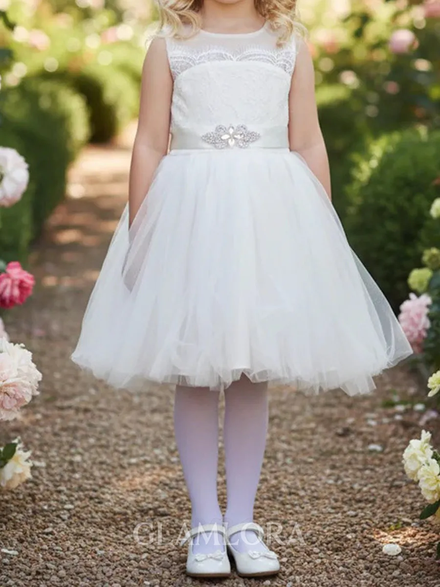 Innocent A-Line Scoop Bowknot Knee-Length Tulle Flower Girl Dress