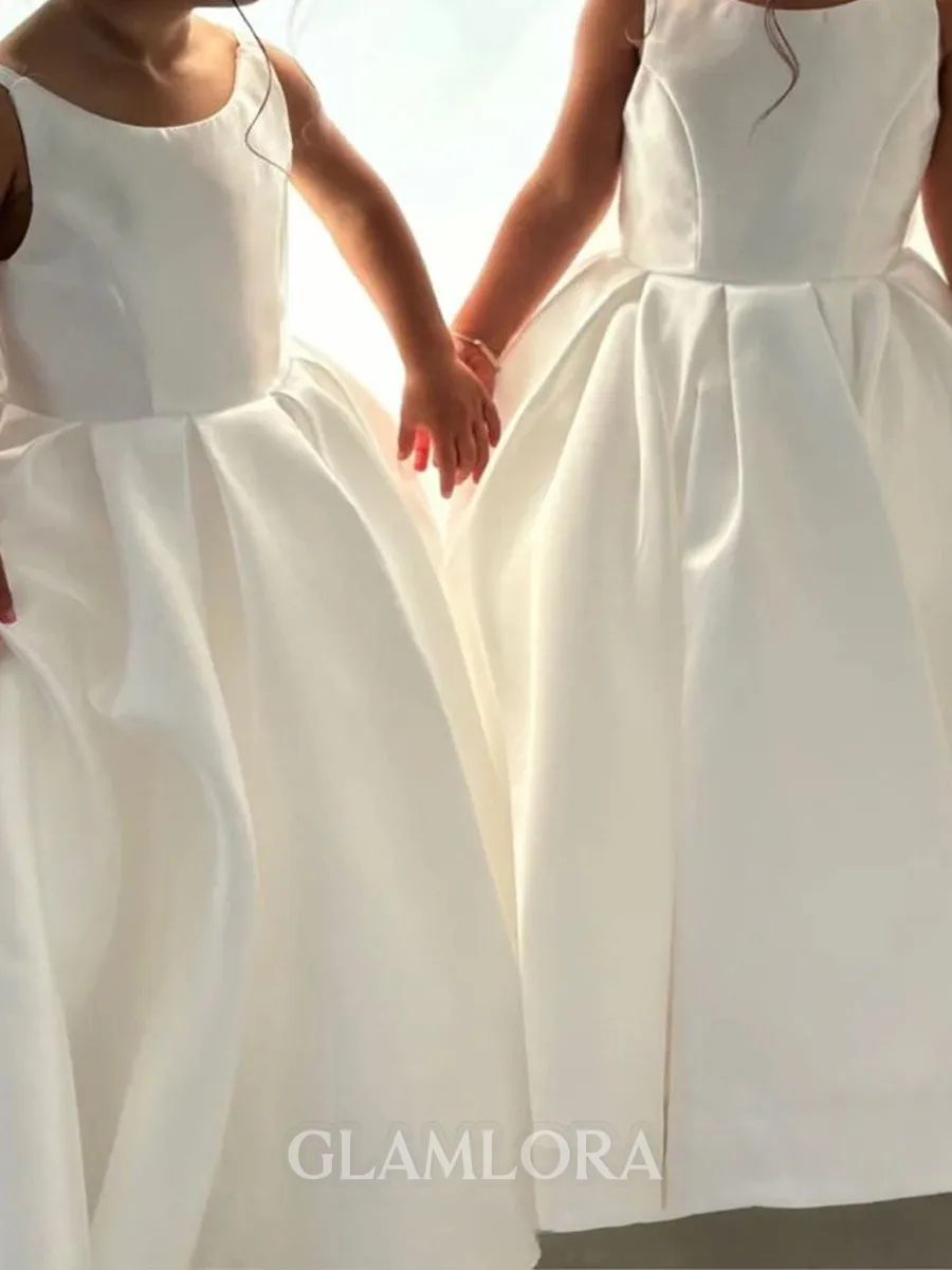 Dainty A-Line Scoop Bowknot Sweep Train Satin Flower Girl Dress