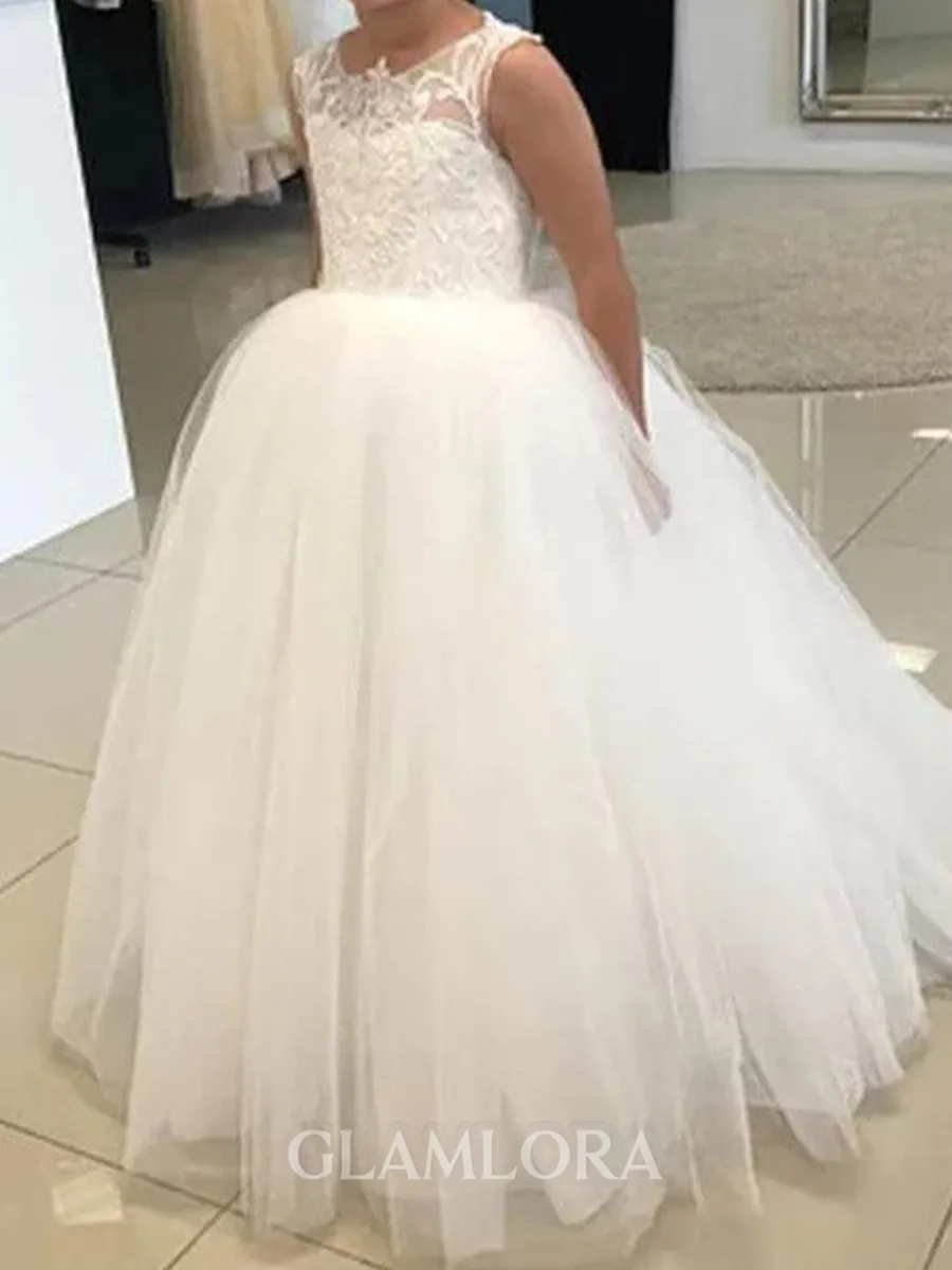 Enchanting A-Line Scoop Applique Sweep Train Tulle Flower Girl Dress