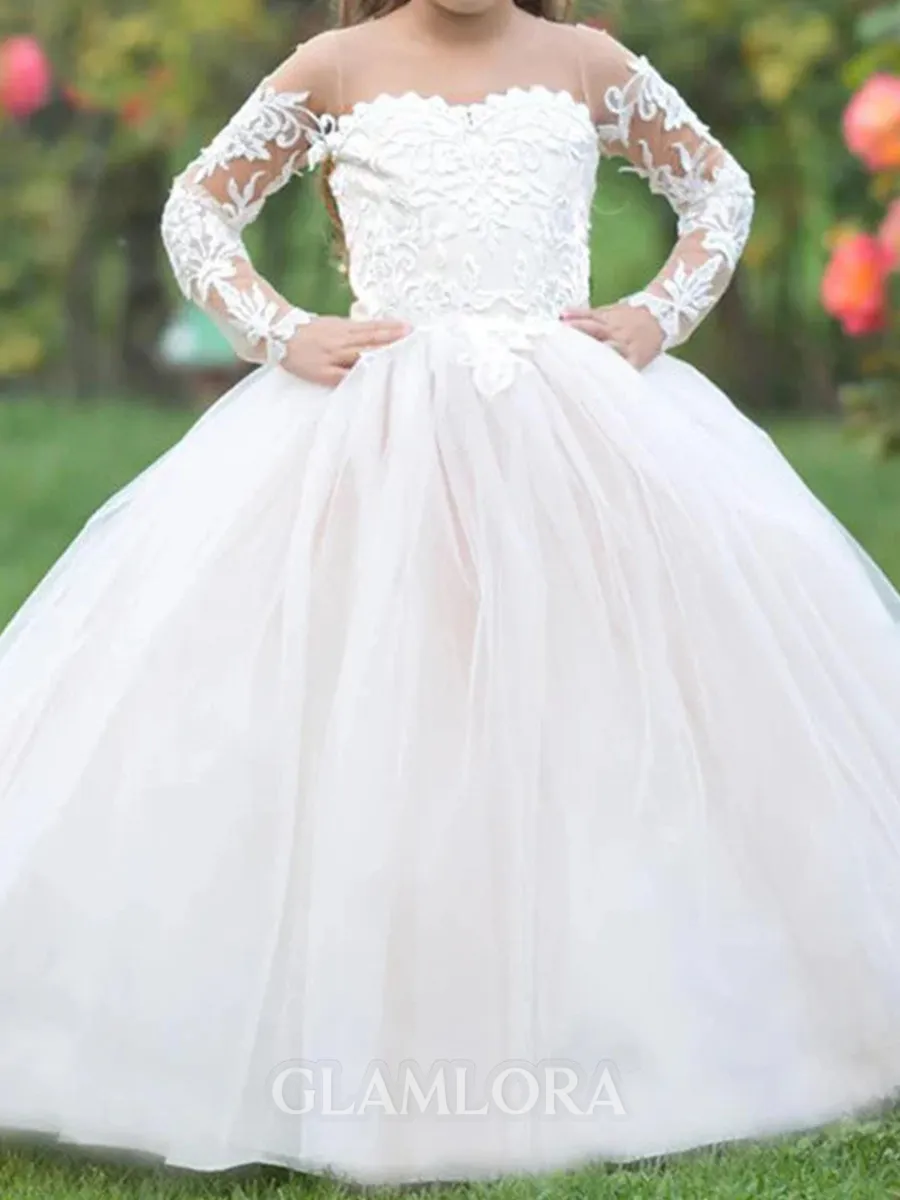 Fairy-tale A-Line Scoop Long Sleeves Applique Sweep Train Tulle Flower Girl Dress