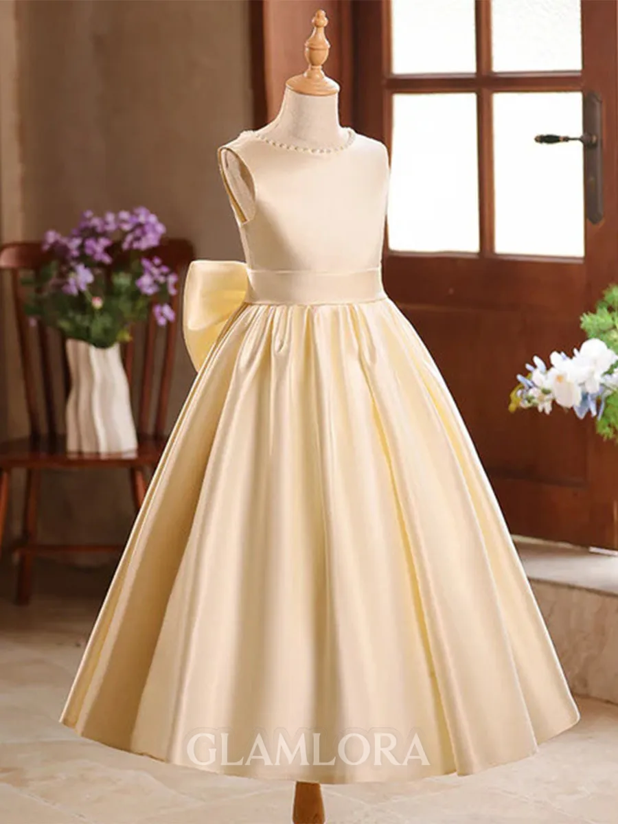 Whimsical A-Line Scoop Bowknot Floor-Length Satin Flower Girl Dress