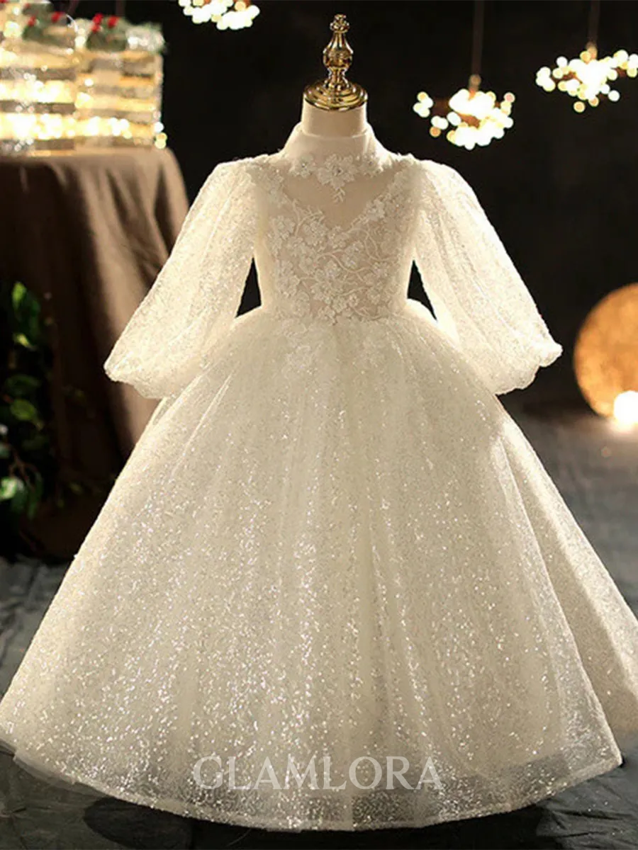 Precious Ball-Gown High Neck Long Sleeves Applique Floor-Length Sequins Flower Girl Dress
