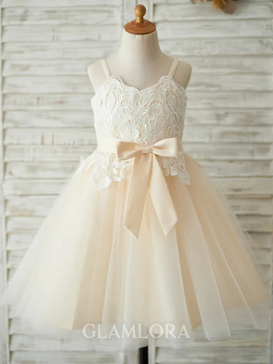 Celebratory A-Line Straps Bowknot Ankle-Length Tulle Flower Girl Dress