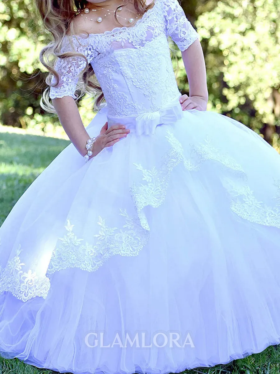 Joyful Ball-Gown Off-the-Shoulder 1/2 Sleeves Applique Sweep Train Tulle Flower Girl Dress