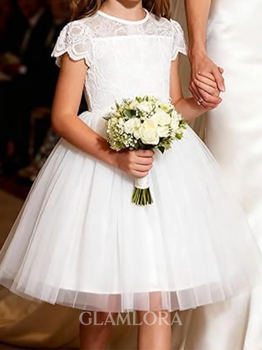 Sparkling A-Line Scoop Short Sleeves Applique Knee-Length Tulle Flower Girl Dress