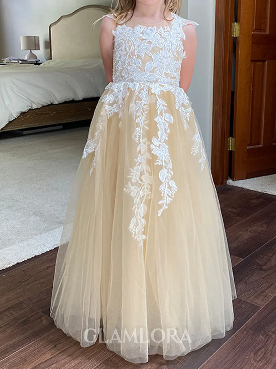 Dreamy A-Line Scoop Applique Floor-Length Tulle Flower Girl Dress