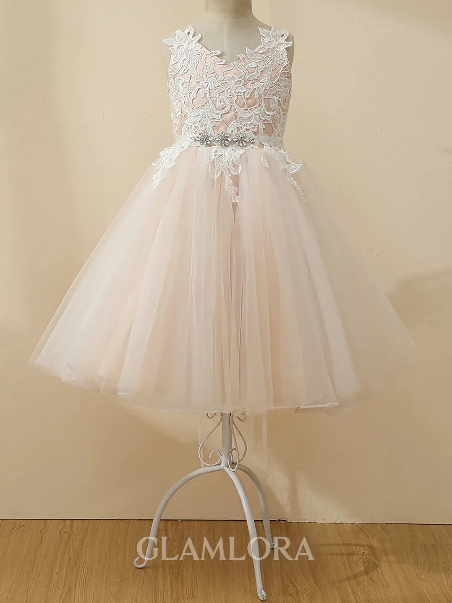 Celebratory A-Line V-Neck Applique Floor-Length Tulle Flower Girl Dress