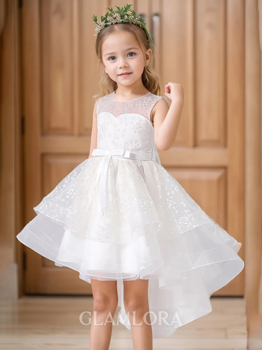 Adorable A-Line Scoop Applique Asymmetrical Tulle Flower Girl Dress