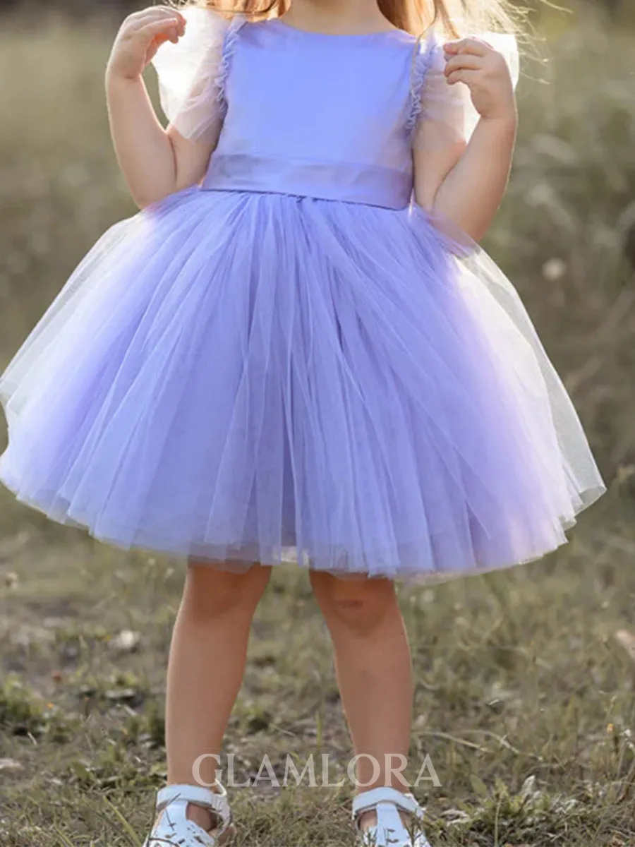 Delightful A-Line Scoop Short Sleeves Bowknot Knee-Length Tulle Flower Girl Dress