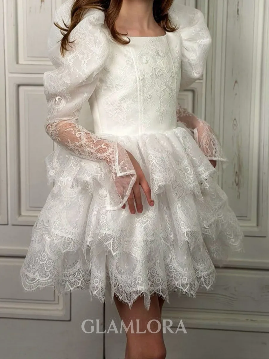 Innocent A-Line Square Long Sleeves Lace Short/Mini Tulle Flower Girl Dress