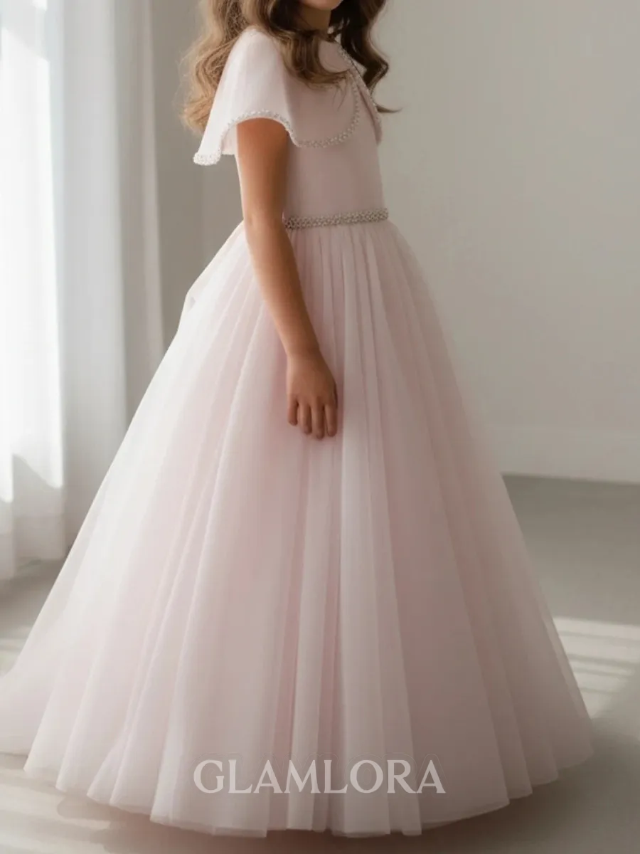Lovely A-Line Scoop Short Sleeves Beading Floor-Length Organza Flower Girl Dress
